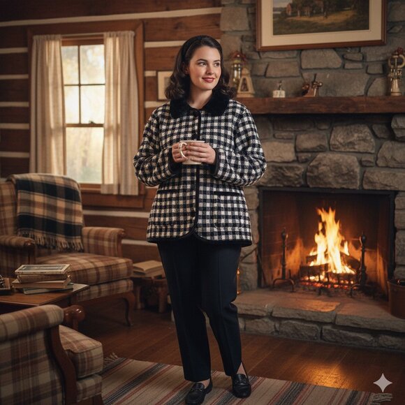 Talbots Vintage Women's Small Black & White Plaid Velvet Trim Fleece Jacket - Picture 2 of 14